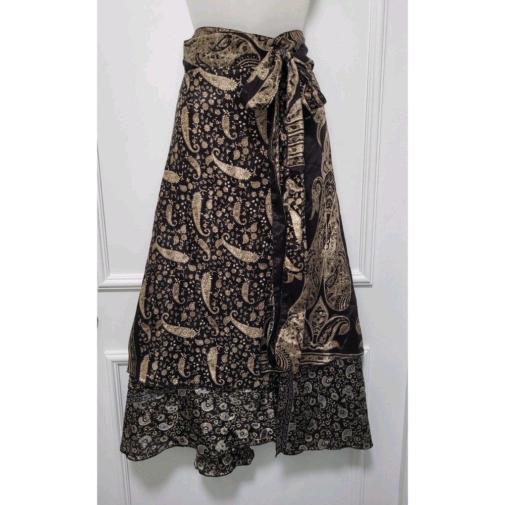 Black Bronze Blue Satin Reversible Fairygrunge Whimsigoth Midi Wrap Skirt S-XL